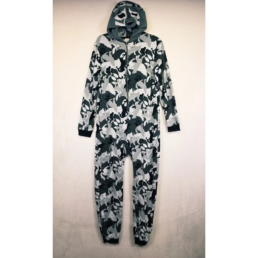 Cat & Jack One Piece Pajamas Kids XL‎ 16 Gray Wolf Hood Zip Cozy Sleepover Cabin